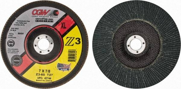 Camel Grinding Wheels - 60 Grit, 7" Disc Diam, 7/8" Center Hole, Type 27 Zirconia Alumina Flap Disc - 8,600 Max RPM, Poly Cotton Backing, Arbor Attaching System, Coated - Apex Tool & Supply