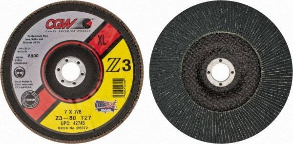 Camel Grinding Wheels - 80 Grit, 7" Disc Diam, 7/8" Center Hole, Type 27 Zirconia Alumina Flap Disc - 8,600 Max RPM, Poly Cotton Backing, Arbor Attaching System, Coated - Apex Tool & Supply