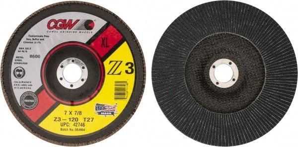 Camel Grinding Wheels - 120 Grit, 7" Disc Diam, 7/8" Center Hole, Type 27 Zirconia Alumina Flap Disc - 8,600 Max RPM, Poly Cotton Backing, Arbor Attaching System, Coated - Apex Tool & Supply