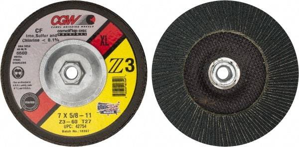Camel Grinding Wheels - 60 Grit, 7" Disc Diam, 5/8-11 Center Hole, Type 27 Zirconia Alumina Flap Disc - 8,600 Max RPM, Poly Cotton Backing, Arbor Attaching System, Coated - Apex Tool & Supply