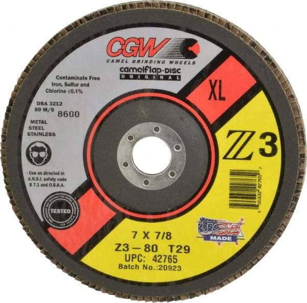 Camel Grinding Wheels - 80 Grit, 7" Disc Diam, 5/8-11 Center Hole, Type 29 Zirconia Alumina Flap Disc - 8,600 Max RPM, Poly Cotton Backing, Arbor Attaching System, Coated - Apex Tool & Supply