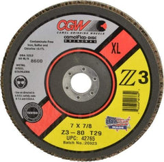 Camel Grinding Wheels - 80 Grit, 7" Disc Diam, 5/8-11 Center Hole, Type 29 Zirconia Alumina Flap Disc - 8,600 Max RPM, Poly Cotton Backing, Arbor Attaching System, Coated - Apex Tool & Supply