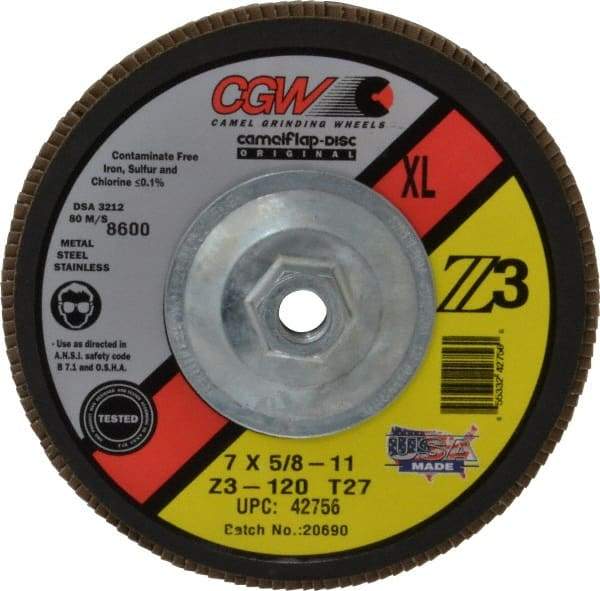 Camel Grinding Wheels - 120 Grit, 7" Disc Diam, 5/8-11 Center Hole, Type 27 Zirconia Alumina Flap Disc - 8,600 Max RPM, Poly Cotton Backing, Arbor Attaching System, Coated - Apex Tool & Supply