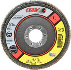 Camel Grinding Wheels - 120 Grit, 4-1/2" Disc Diam, 7/8" Center Hole, Type 29 Zirconia Alumina Flap Disc - 13,300 Max RPM, Poly Cotton Backing, Arbor Attaching System, Coated - Apex Tool & Supply