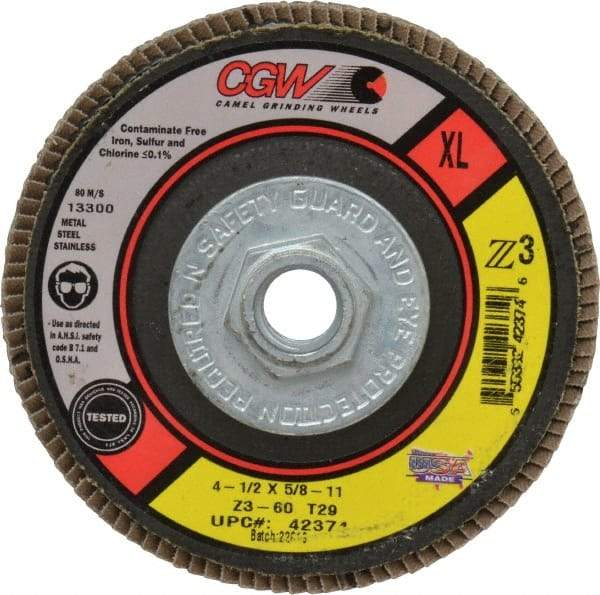 Camel Grinding Wheels - 60 Grit, 4-1/2" Disc Diam, 5/8-11 Center Hole, Type 29 Zirconia Alumina Flap Disc - 13,300 Max RPM, Poly Cotton Backing, Arbor Attaching System, Coated - Apex Tool & Supply