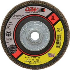 Camel Grinding Wheels - 60 Grit, 4-1/2" Disc Diam, 5/8-11 Center Hole, Type 29 Zirconia Alumina Flap Disc - 13,300 Max RPM, Poly Cotton Backing, Arbor Attaching System, Coated - Apex Tool & Supply