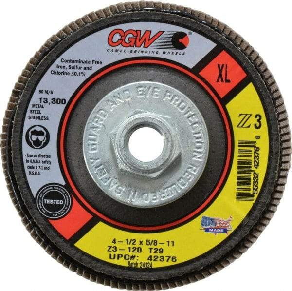 Camel Grinding Wheels - 120 Grit, 4-1/2" Disc Diam, 5/8-11 Center Hole, Type 29 Zirconia Alumina Flap Disc - 13,300 Max RPM, Poly Cotton Backing, Arbor Attaching System, Coated - Apex Tool & Supply