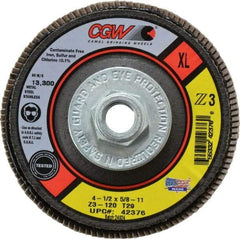 Camel Grinding Wheels - 120 Grit, 4-1/2" Disc Diam, 5/8-11 Center Hole, Type 29 Zirconia Alumina Flap Disc - 13,300 Max RPM, Poly Cotton Backing, Arbor Attaching System, Coated - Apex Tool & Supply
