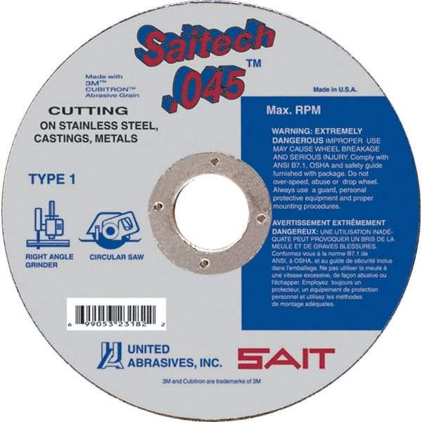 Sait - 4-1/2" Ceramic Cutoff Wheel - 0.045" Thick, 7/8" Arbor, 13,300 Max RPM, Use with Angle Grinders - Apex Tool & Supply