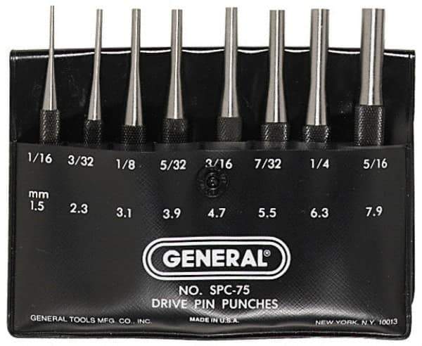 General - 8 Piece, 1/16 to 5/16", Pin Punch Set - Comes in Plastic Case - Apex Tool & Supply