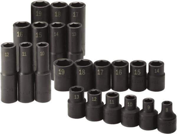 SK - 22 Piece 1/2" Drive Standard Deep Impact Socket Set - 6 Points, 8 to 19mm, Metric Measurement Standard - Apex Tool & Supply