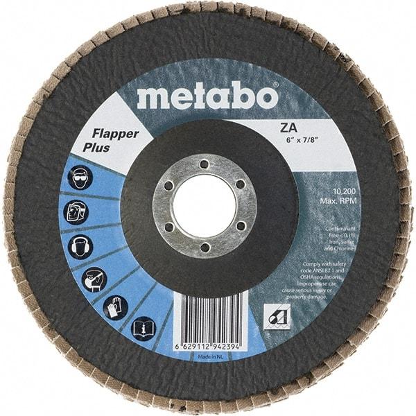 Metabo - 120 Grit, 6" Disc Diam, 7/8" Center Hole, Type 29 Zirconia Alumina Flap Disc - 10,200 Max RPM, Fiberglass Backing, Arbor Attaching System, Coated - Apex Tool & Supply