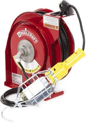 Reelcraft - 16 AWG, 50' Cable Length, Cord & Cable Reel with Incandescent Hand Lamp End - 1 Outlet, NEMA 5-15R, 13 Amps, 125 Volts, SJTOW Cable, Red Reel - Apex Tool & Supply
