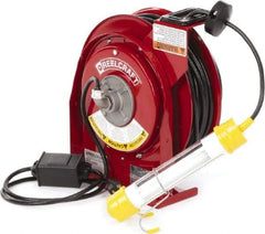 Reelcraft - 16 AWG, 50' Cable Length, Cord & Cable Reel with Fluorescent Hand Lamp End - 0 Outlets, 0.3 Amps, 125 Volts, SJTOW Cable, Red Reel - Apex Tool & Supply