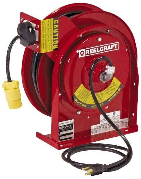 Reelcraft - 12 AWG, 45' Cable Length, Cord & Cable Reel with Outlet End - 1 Outlet, NEMA 5-15R, 15 Amps, 125 Volts, SJEOOW Cable, Red Reel - Apex Tool & Supply