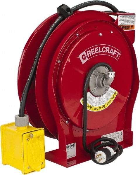 Reelcraft - 12 AWG, 50' Cable Length, Cord & Cable Reel with Duplex GFCI Outlet Box End - 2 Outlets, NEMA 5-15R, 15 Amps, 125 Volts, SEOOW Cable, Red Reel - Apex Tool & Supply