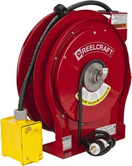 Reelcraft - 12 AWG, 50' Cable Length, Cord & Cable Reel with Duplex GFCI Outlet Box End - 2 Outlets, NEMA 5-15R, 15 Amps, 125 Volts, SEOOW Cable, Red Reel - Apex Tool & Supply