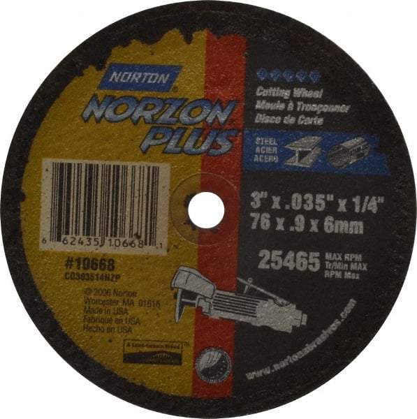 Norton - 3" Ceramic Cutoff Wheel - 0.035" Thick, 1/4" Arbor, 25,465 Max RPM, Use with Die Grinders - Apex Tool & Supply