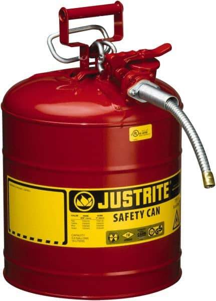 Justrite - 5 Gal Galvanized Steel Type II Safety Can - 17-1/2" High x 11-3/4" Diam, Red with Yellow - Apex Tool & Supply