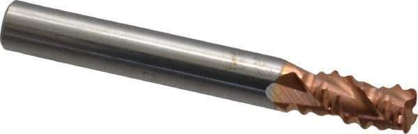 Accupro - 1/4" Diam, Coarse Pitch, 3/8" LOC, 3 Flute Solid Carbide Roughing Square End Mill - TiCN Finish, 2" OAL, 1/4" Shank Diam, Single End, Centercutting, 30° Helix - Apex Tool & Supply