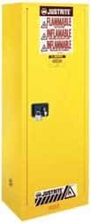 Justrite - 1 Door, 3 Shelf, Yellow Steel Space Saver Safety Cabinet for Flammable and Combustible Liquids - 65" High x 23-1/4" Wide x 18" Deep, Manual Closing Door, 22 Gal Capacity - Apex Tool & Supply