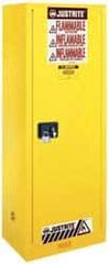 Justrite - 1 Door, 3 Shelf, Yellow Steel Space Saver Safety Cabinet for Flammable and Combustible Liquids - 65" High x 23-1/4" Wide x 18" Deep, Manual Closing Door, 22 Gal Capacity - Apex Tool & Supply