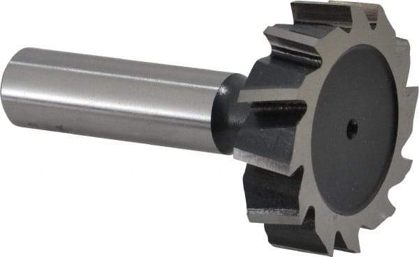 Interstate - 1-1/2" Diam x 3/8" Face Width, High Speed Steel, 16 Teeth, Shank Connection Woodruff Keyseat Cutter - Uncoated, 2-3/8" OAL x 1/2" Shank, Staggered Teeth, ANSI 1212, Old Standard G - Apex Tool & Supply