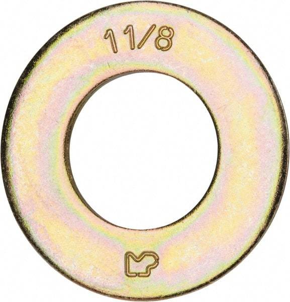Made in USA - 1-1/8" Screw, Grade 8 Alloy Steel SAE Flat Washer - 1-3/16" ID x 2-1/4" OD, 0.16" Thick, Zinc Yellow Dichromate Finish - Apex Tool & Supply