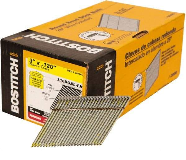 Stanley Bostitch - 11 Gauge 0.12" Shank Diam 3" Long Framing Nails for Power Nailers - Steel, Galvanized Finish, Smooth Shank, Angled Stick Wire Collation, Round Head, Diamond Point - Apex Tool & Supply