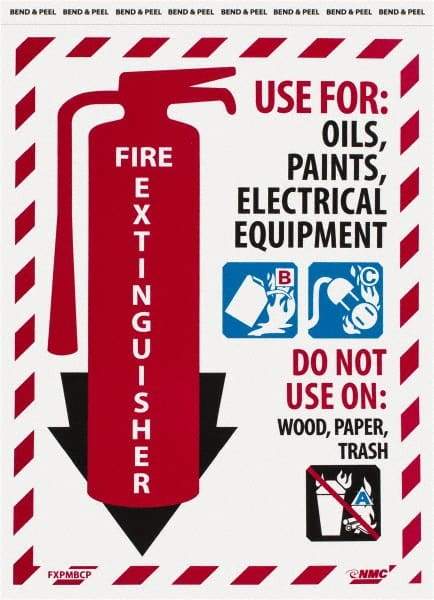 NMC - Fire Extinguisher - Use for: Oils, Paints, Electrical Equipment - Do Not Use on: Wood, Paper, Trash, Pressure Sensitive Vinyl Fire Sign - 9" Wide x 12" High - Apex Tool & Supply
