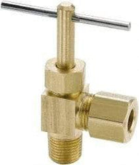 Parker - 3/8 x 1/4" Pipe, Angled Needle Valve - Compression x MNPTF Ends, Brass Valve, 150 Max psi - Apex Tool & Supply