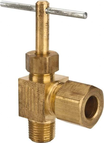 Parker - 5/16 x 1/8" Pipe, Angled Needle Valve - Compression x MNPTF Ends, Brass Valve, 150 Max psi - Apex Tool & Supply
