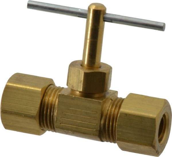 Parker - 5/16" Pipe, Inline Needle Valve - Compression x Compression Ends, Brass Valve, 150 Max psi - Apex Tool & Supply
