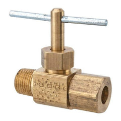 Parker - 1/4 x 1/8" Pipe, Inline Needle Valve - Compression x MNPTF Ends, Brass Valve, 150 Max psi - Apex Tool & Supply