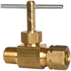 Parker - 3/8 x 1/4" Pipe, Inline Needle Valve - Compression x MNPTF Ends, Brass Valve, 150 Max psi - Apex Tool & Supply