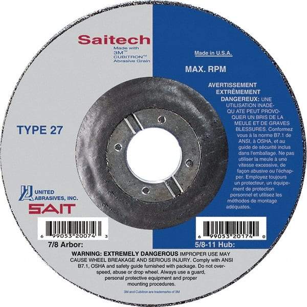 Sait - 4-1/2" Wheel Diam, 1/8" Wheel Thickness, 7/8" Arbor Hole, Type 27 Depressed Center Wheel - Ceramic, Resinoid Bond, 13,300 Max RPM, Compatible with Angle Grinder - Apex Tool & Supply