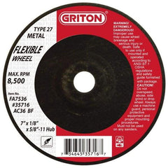 Value Collection - 36 Grit, 7" Wheel Diam, 1/8" Wheel Thickness, Type 27 Depressed Center Wheel - Aluminum Oxide, 8,500 Max RPM - Apex Tool & Supply
