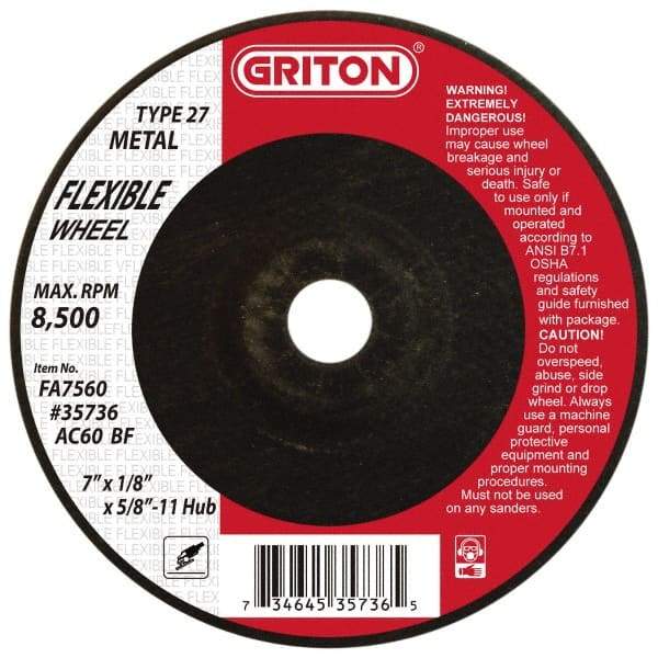 Value Collection - 60 Grit, 7" Wheel Diam, 1/8" Wheel Thickness, Type 27 Depressed Center Wheel - Aluminum Oxide, 8,500 Max RPM - Apex Tool & Supply