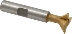 Made in USA - 3/4" Diam x 1/4" Width of Cut, 45° Included Angle, Carbide-Tipped Dovetail Cutter - 3/8" Shank Diam, 2-1/4" Overall Length, 0.02" Corner Radius, Weldon Flat, TiN Coated - Apex Tool & Supply