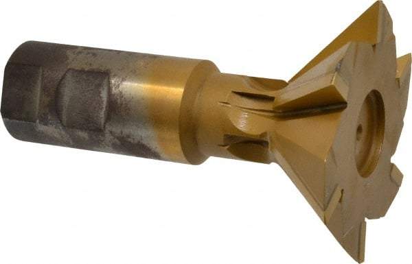 Made in USA - 3" Diam x 1" Width of Cut, 45° Included Angle, Carbide-Tipped Dovetail Cutter - 1-1/4" Shank Diam, 4-1/2" Overall Length, 0.02" Corner Radius, Weldon Flat, TiN Coated - Apex Tool & Supply