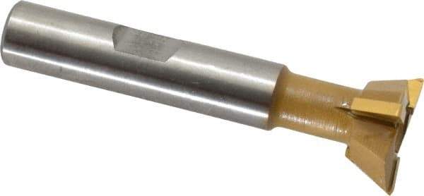 Made in USA - 3/4" Diam x 1/4" Width of Cut, 60° Included Angle, Carbide-Tipped Dovetail Cutter - 3/8" Shank Diam, 2-1/4" Overall Length, 0.02" Corner Radius, Weldon Flat, TiN Coated - Apex Tool & Supply
