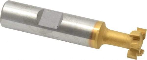 Made in USA - 9/16" Cut Diam, 15/64" Cut Width, 17/64" Neck Diam, 1/2" Shank Diam, 2-19/32" OAL, Carbide-Tipped T-Slot Cutter - TiN Finish, 1/4" Bolt, 1-13/16" Shank Length, Staggered Teeth, 6 Teeth, Weldon Flat - Apex Tool & Supply
