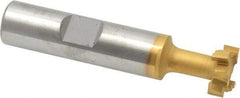 Made in USA - 9/16" Cut Diam, 15/64" Cut Width, 17/64" Neck Diam, 1/2" Shank Diam, 2-19/32" OAL, Carbide-Tipped T-Slot Cutter - TiN Finish, 1/4" Bolt, 1-13/16" Shank Length, Staggered Teeth, 6 Teeth, Weldon Flat - Apex Tool & Supply