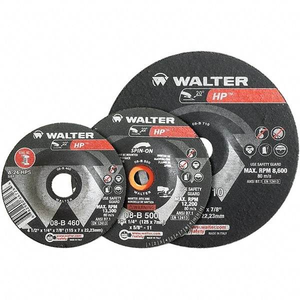 WALTER Surface Technologies - 24 Grit, 7" Wheel Diam, 1/4" Wheel Thickness, Type 28 Depressed Center Wheel - Aluminum Oxide, Resinoid Bond, 8,600 Max RPM - Apex Tool & Supply
