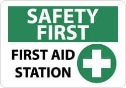 NMC - "Safety First - First Aid Station", 10" Long x 14" Wide, Pressure-Sensitive Vinyl Safety Sign - Rectangle, 0.004" Thick, Use for First Aid - Apex Tool & Supply