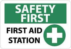 NMC - "Safety First - First Aid Station", 10" Long x 14" Wide, Pressure-Sensitive Vinyl Safety Sign - Rectangle, 0.004" Thick, Use for First Aid - Apex Tool & Supply