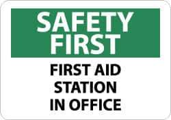 NMC - "Safety First - First Aid Station in Office", 10" Long x 14" Wide, Pressure-Sensitive Vinyl Safety Sign - Rectangle, 0.004" Thick, Use for First Aid - Apex Tool & Supply