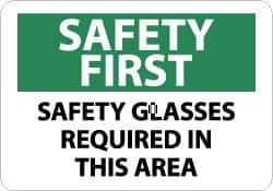 NMC - "Safety First - Safety Glasses Required in This Area", 10" Long x 14" Wide, Pressure-Sensitive Vinyl Safety Sign - Rectangle, 0.004" Thick, Use for Accident Prevention - Apex Tool & Supply
