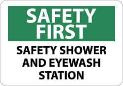 NMC - "Safety First - Safety Shower and Eyewash Station", 10" Long x 14" Wide, Pressure-Sensitive Vinyl Safety Sign - Rectangle, 0.004" Thick, Use for First Aid - Apex Tool & Supply