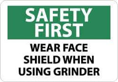 NMC - "Safety First - Wear Face Shield When Using Grinder", 10" Long x 14" Wide, Pressure-Sensitive Vinyl Safety Sign - Rectangle, 0.004" Thick, Use for Accident Prevention - Apex Tool & Supply